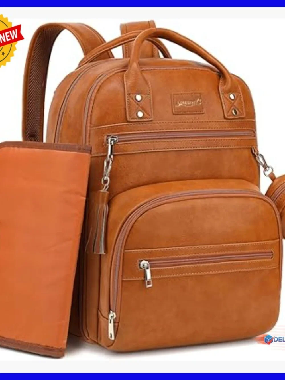 Vegan Leather Diaper Backpack with 20 Pockets, Waterproof Changing Pad